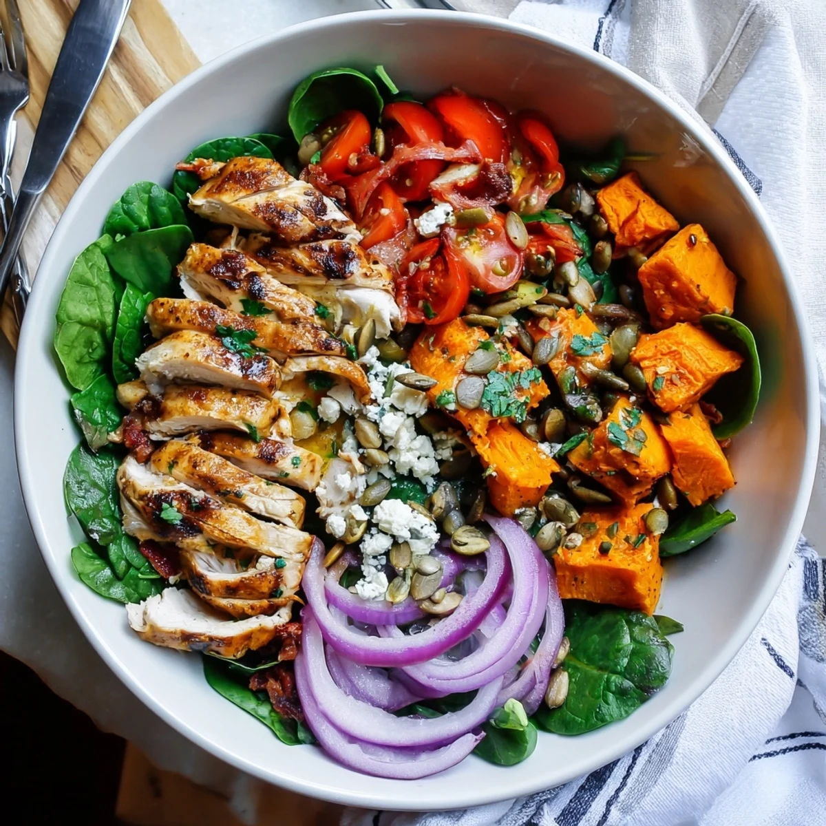 Golden maple Dijon chicken breast slices served over roasted sweet potato cubes with fresh spinach