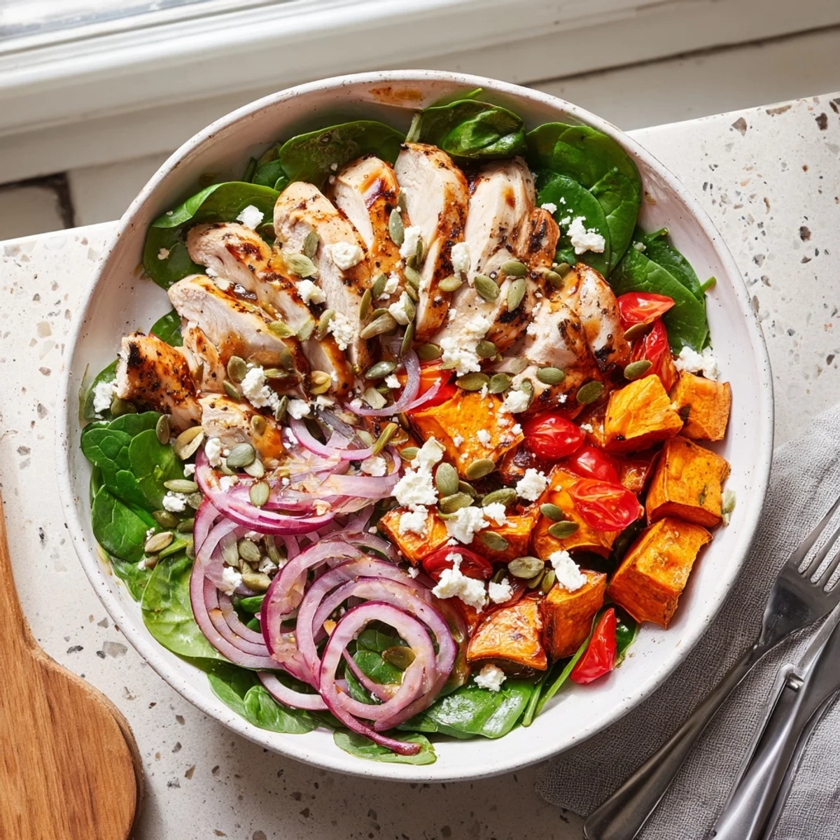 Juicy maple mustard chicken arranged in a wholesome grain bowl with roasted vegetables and feta topping