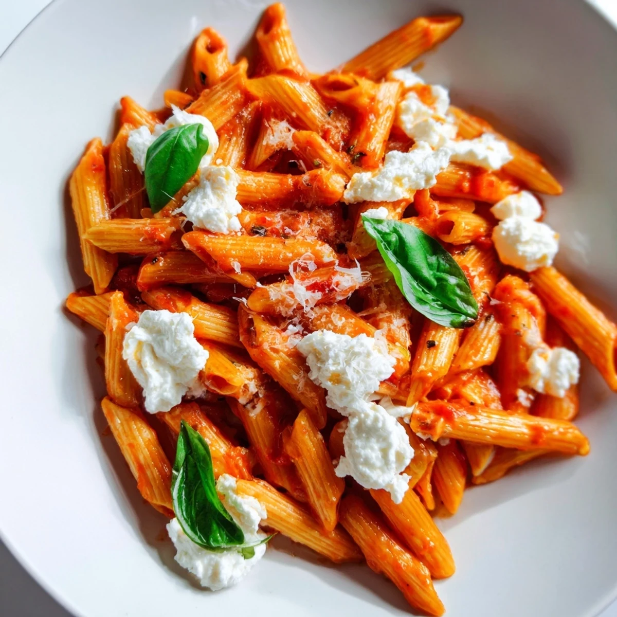 Creamy tomato garlic ricotta penne topped with fresh basil and Parmesan shavings