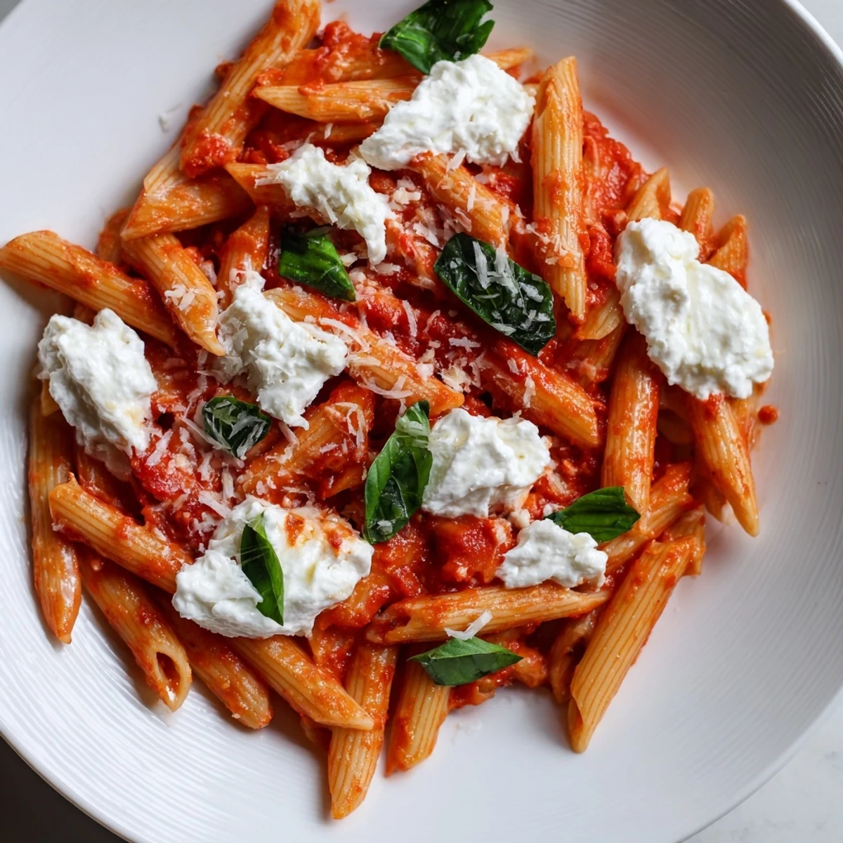 Tender penne pasta coated in rich tomato garlic sauce with pillowy ricotta dollops