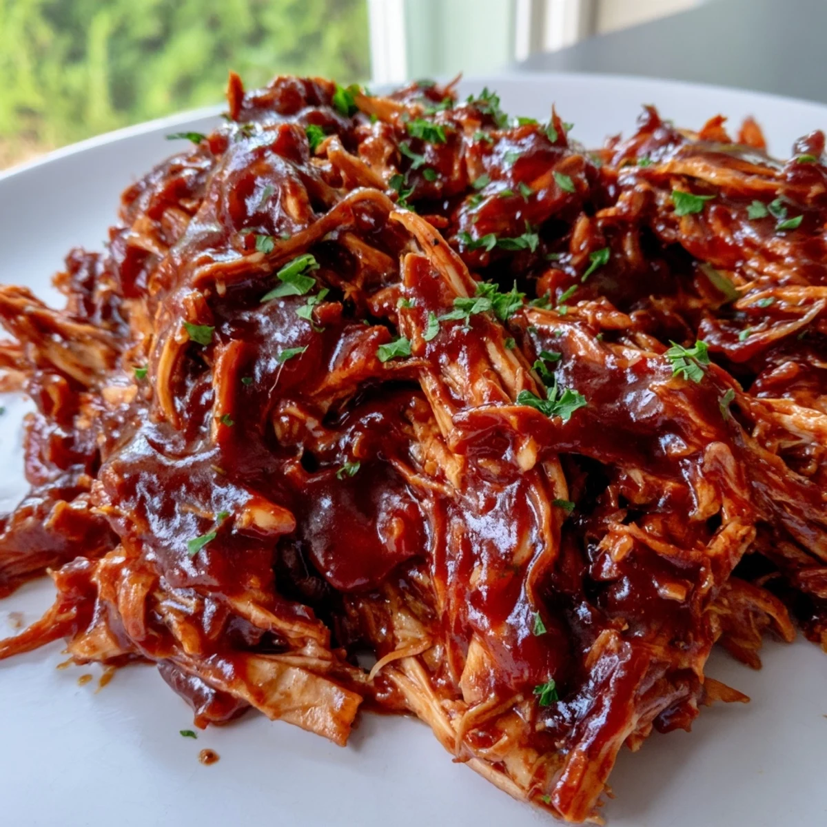 Tender Sweet Baby Ray's crockpot chicken glistening with rich barbecue sauce on a white plate