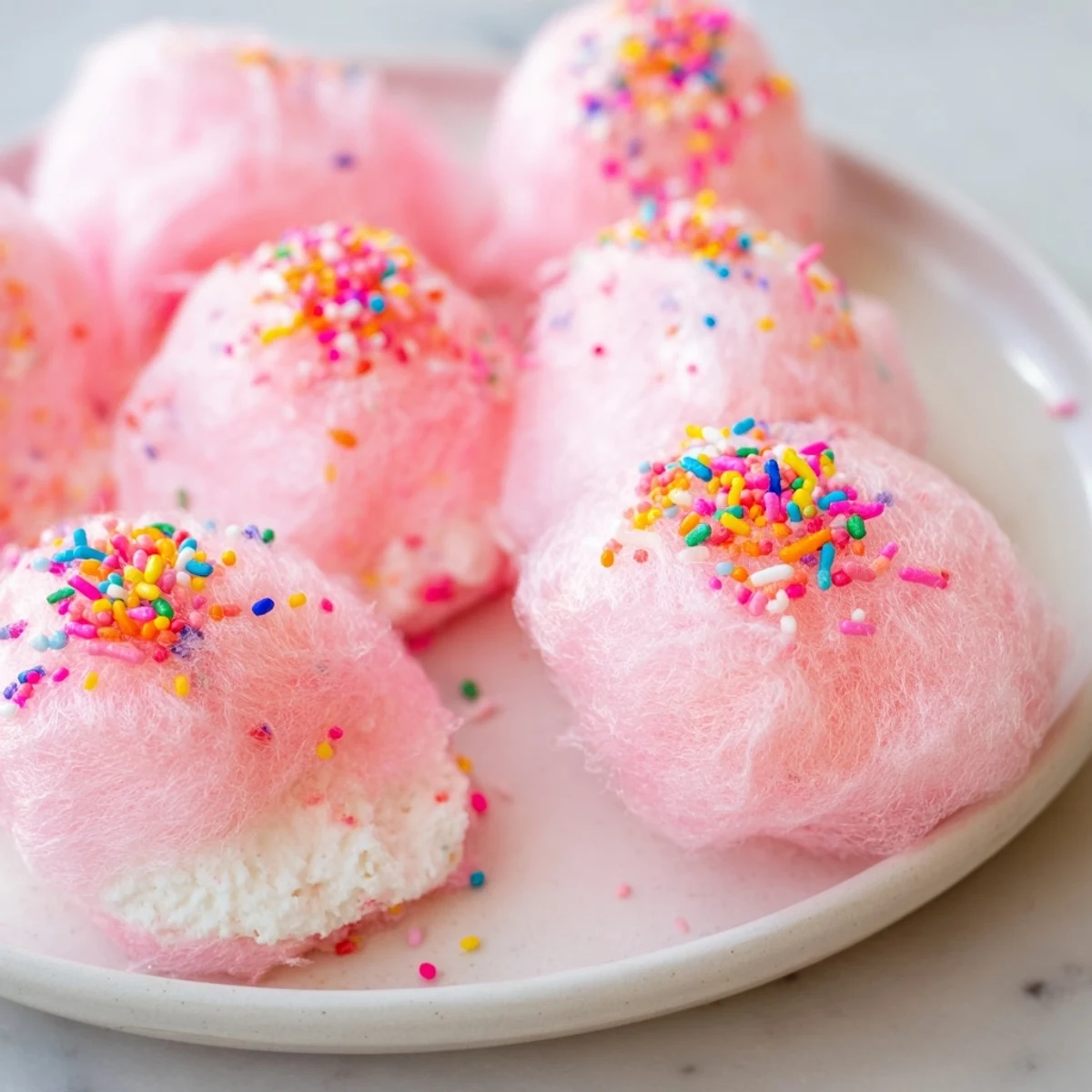 Mini Cotton Candy Cheesecake Puff Balls with pastel fluffy coating on a decorative serving plate