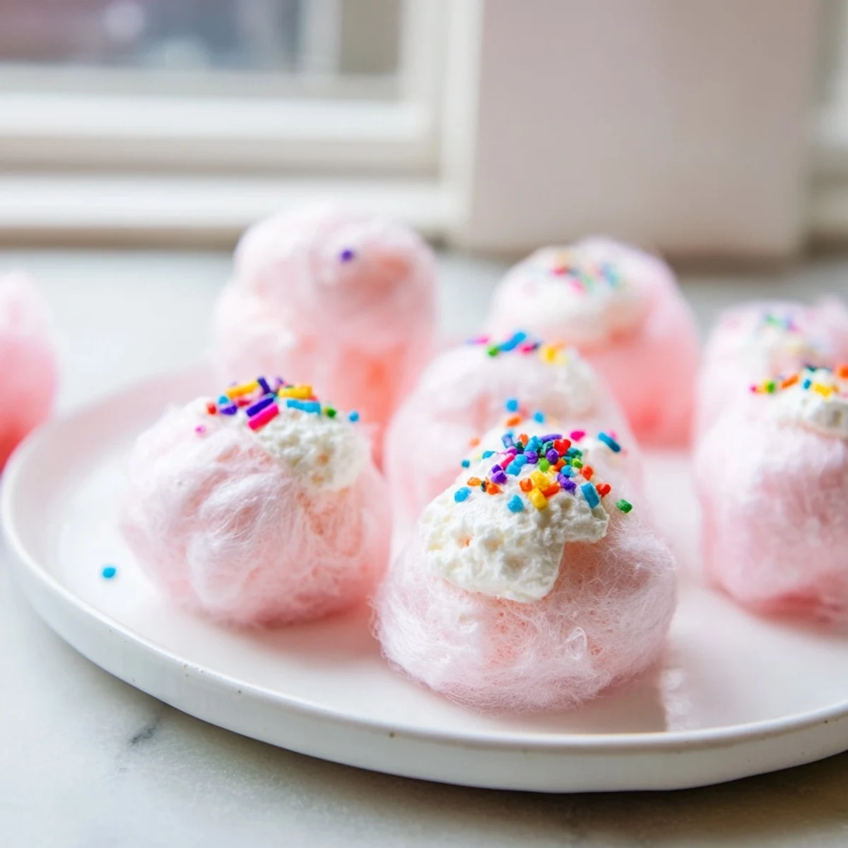 Creamy mini cotton candy cheesecake puff balls topped with colorful sprinkles for parties