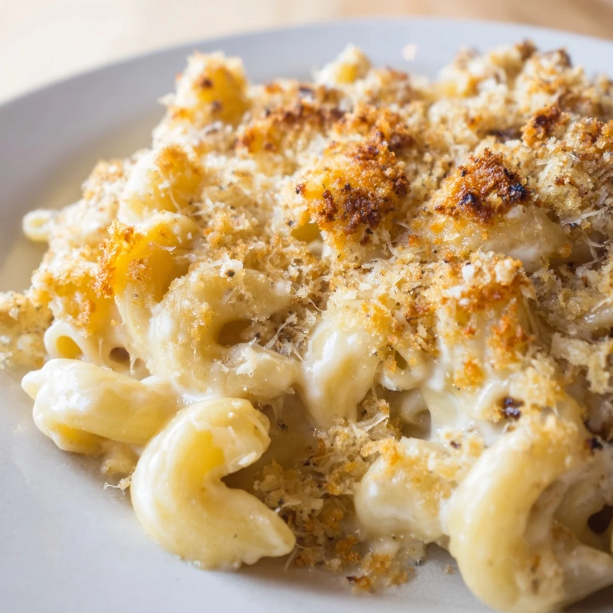 Golden three cheese baked macaroni with bubbling sauce and crispy panko topping