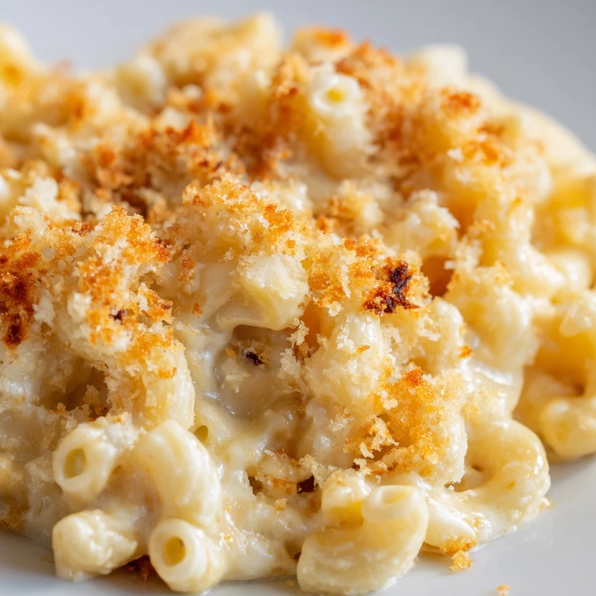 Creamy three cheese baked macaroni served steaming in a rustic baking dish