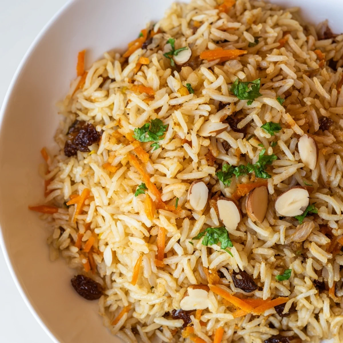 Golden Afghan rice topped with caramelized carrots, plump raisins, and aromatic spices in a rustic bowl.