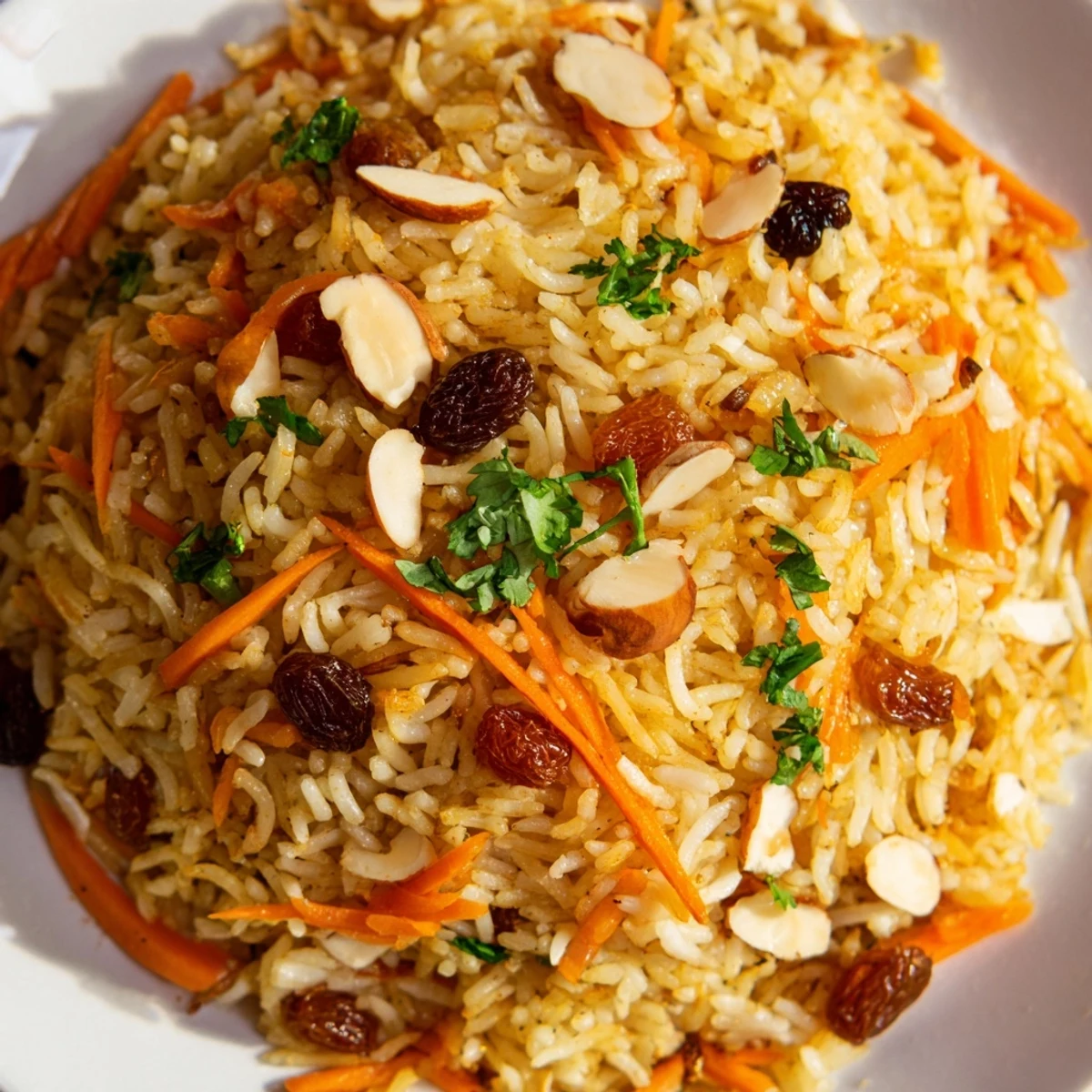 Fluffy Afghan rice steamed with fragrant cardamom and cinnamon, garnished with toasted almonds and fresh herbs.