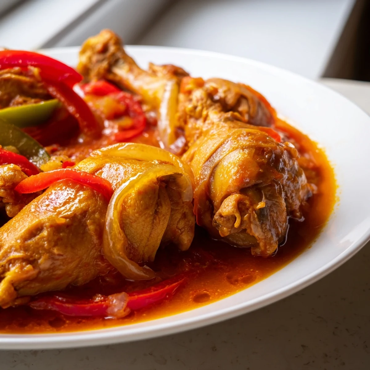 Golden brown Senegalese chicken pieces nestled in thick, savory onion and tomato stew