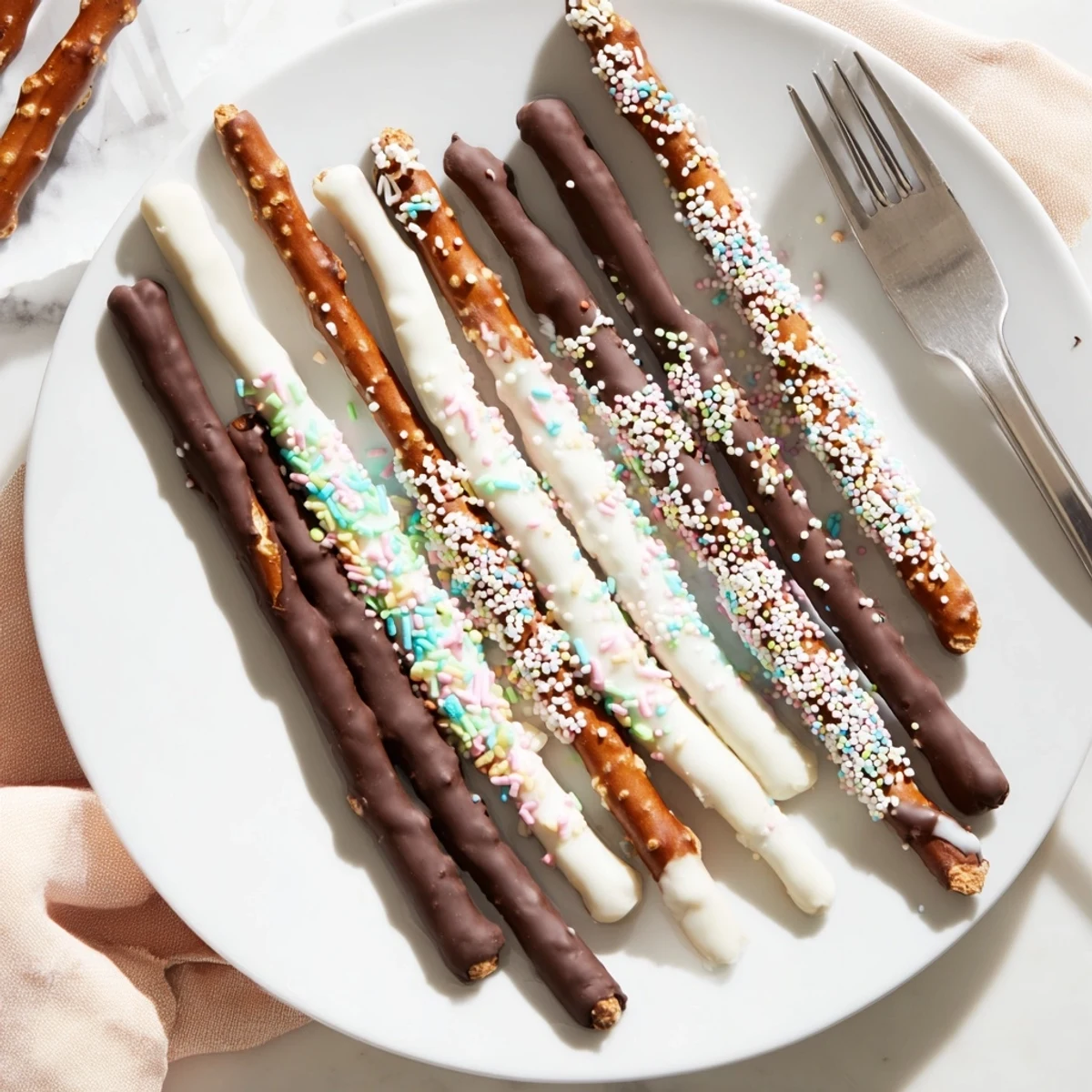 Chocolate covered pretzels for Easter with pastel sprinkles on a white serving platter