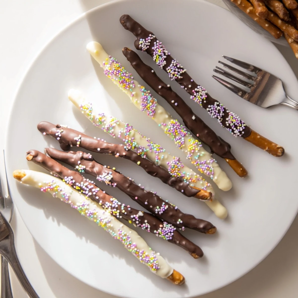 Golden pretzel rods dipped in glossy chocolate topped with colorful Easter candy sprinkles