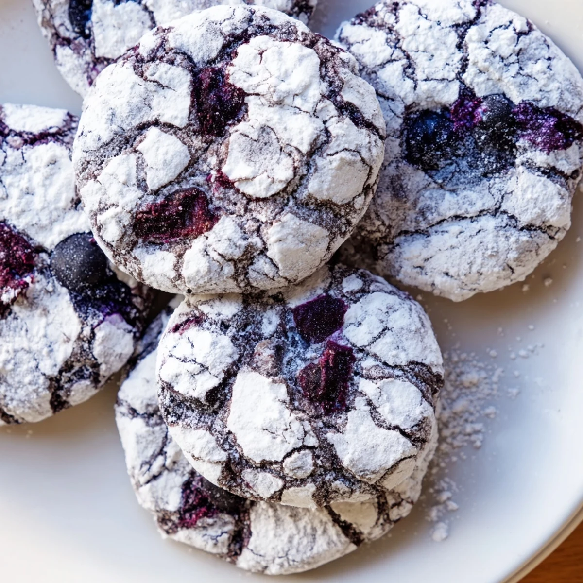 Soft blueberry crinkle cookies coated in snowy powdered sugar on a rustic baking sheet