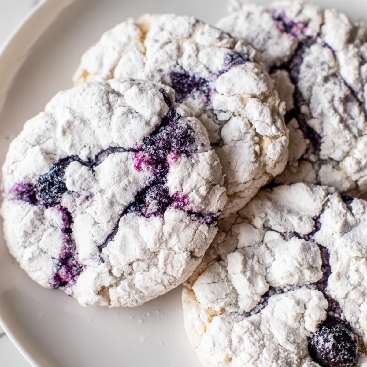 Golden blueberry crinkle cookies with deep cracks revealing vibrant purple berry streaks throughout