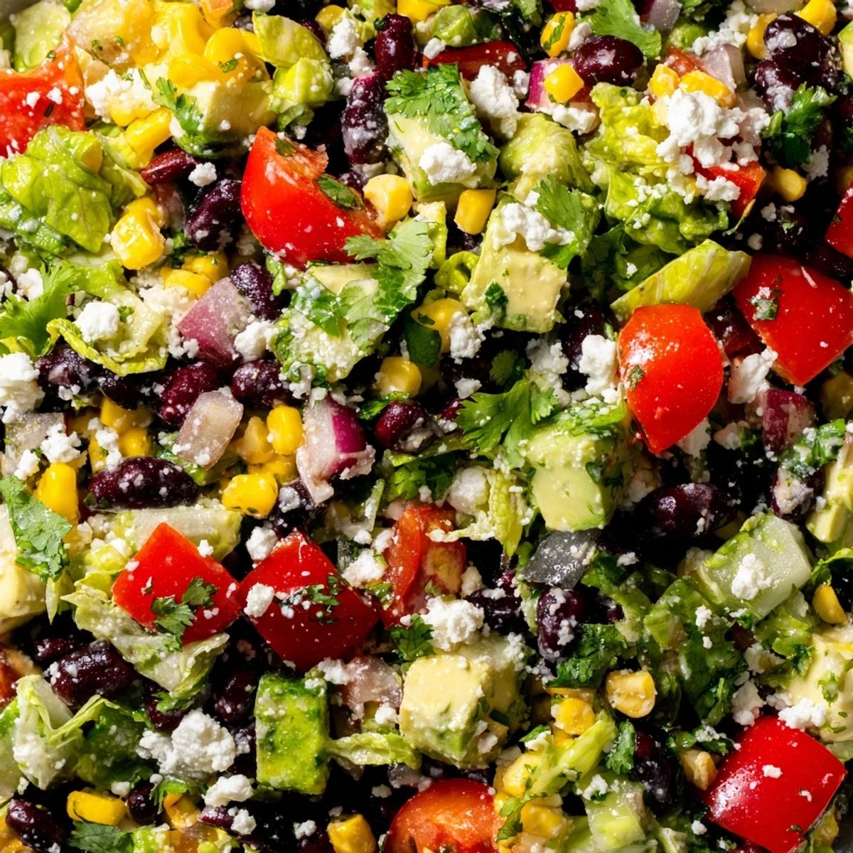 Mexican chopped salad featuring crisp lettuce, juicy tomatoes, black beans, and creamy avocado chunks