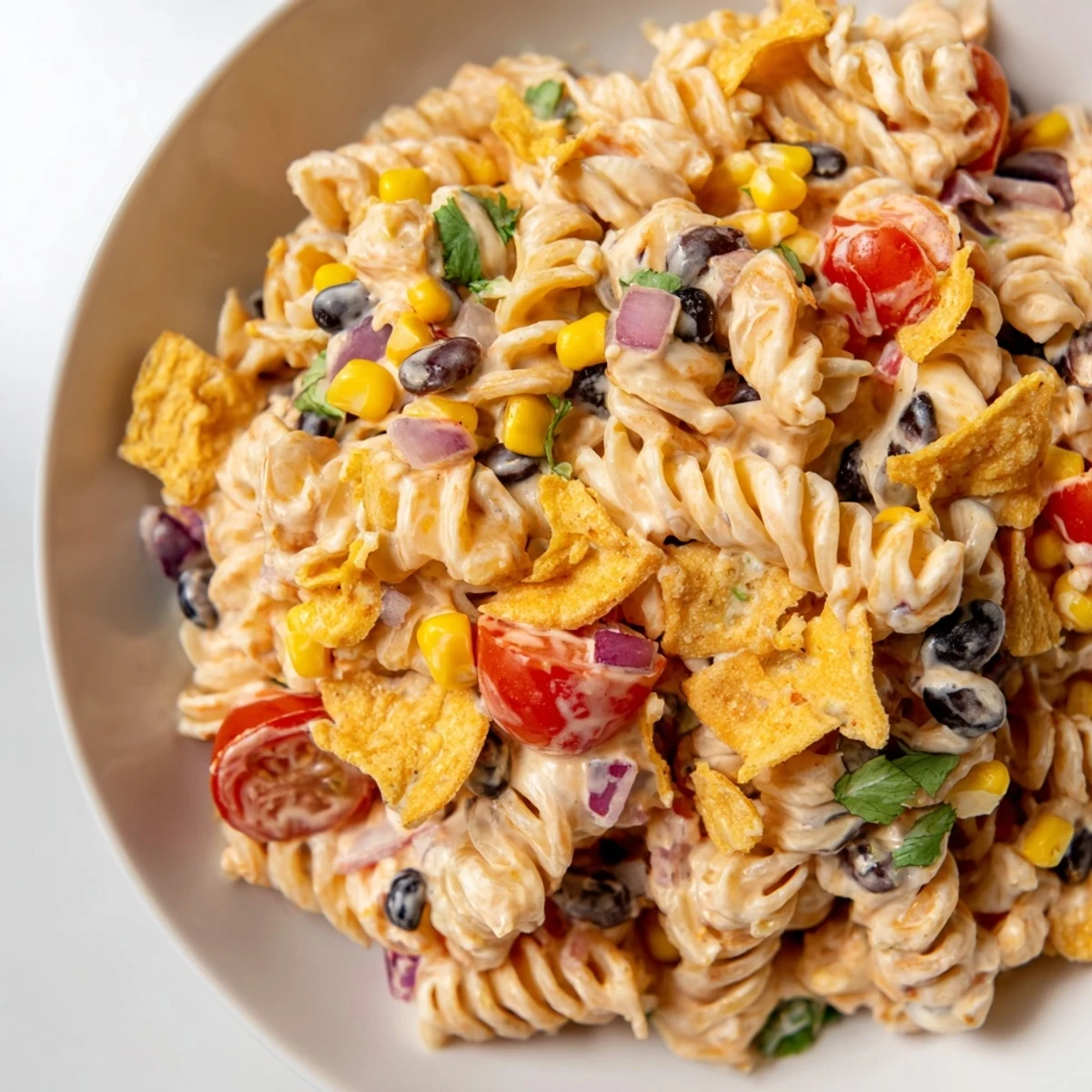 Creamy taco pasta salad topped with shredded cheese crushed tortilla chips and fresh cilantro