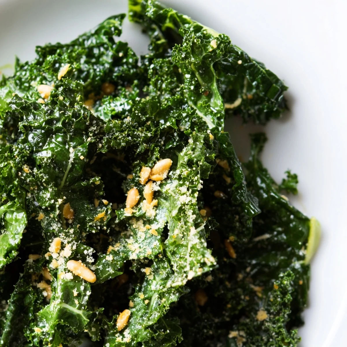 Bright garlic lemon Parmesan kale salad tossed in zesty dressing on a rustic plate