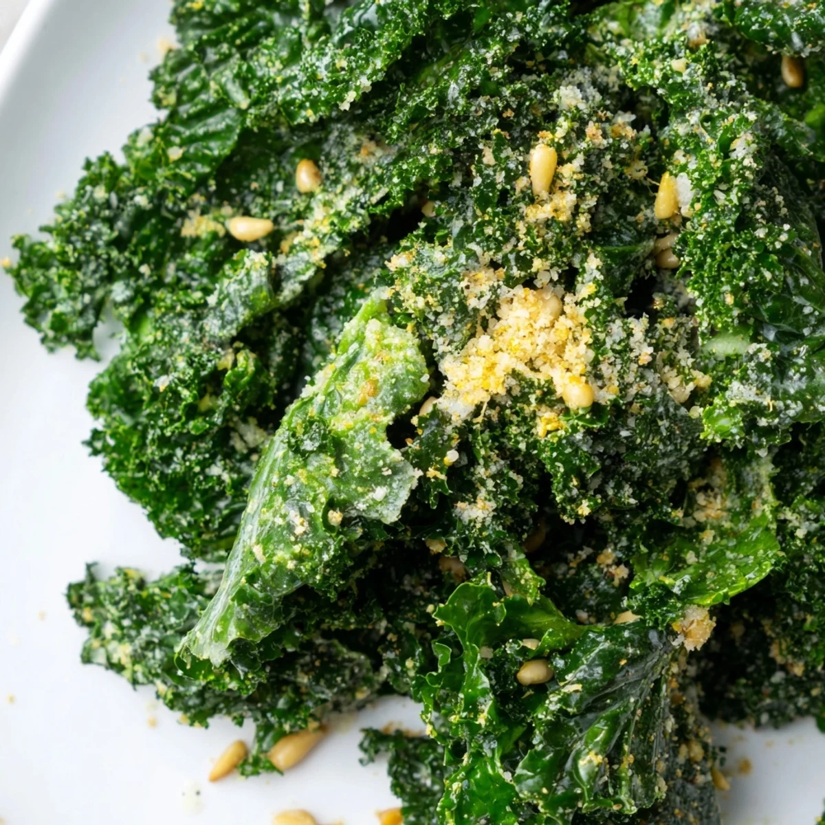 Crispy massaged kale leaves coated in garlic lemon Parmesan dressing with toasted pine nuts