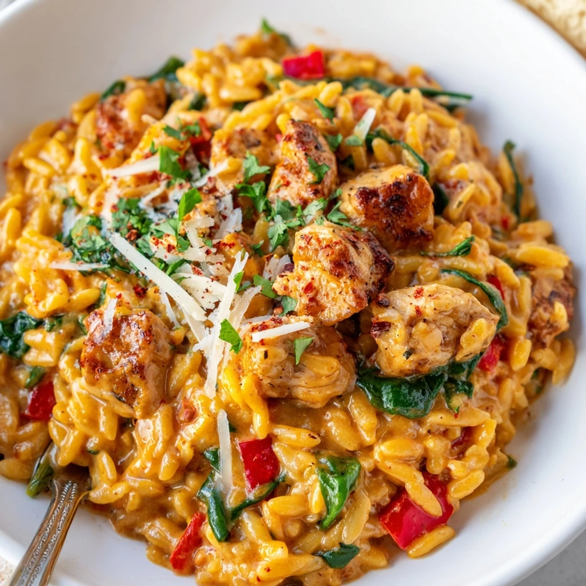 Creamy One Pot Cajun Chicken Alfredo Orzo in a rustic skillet topped with fresh parsley