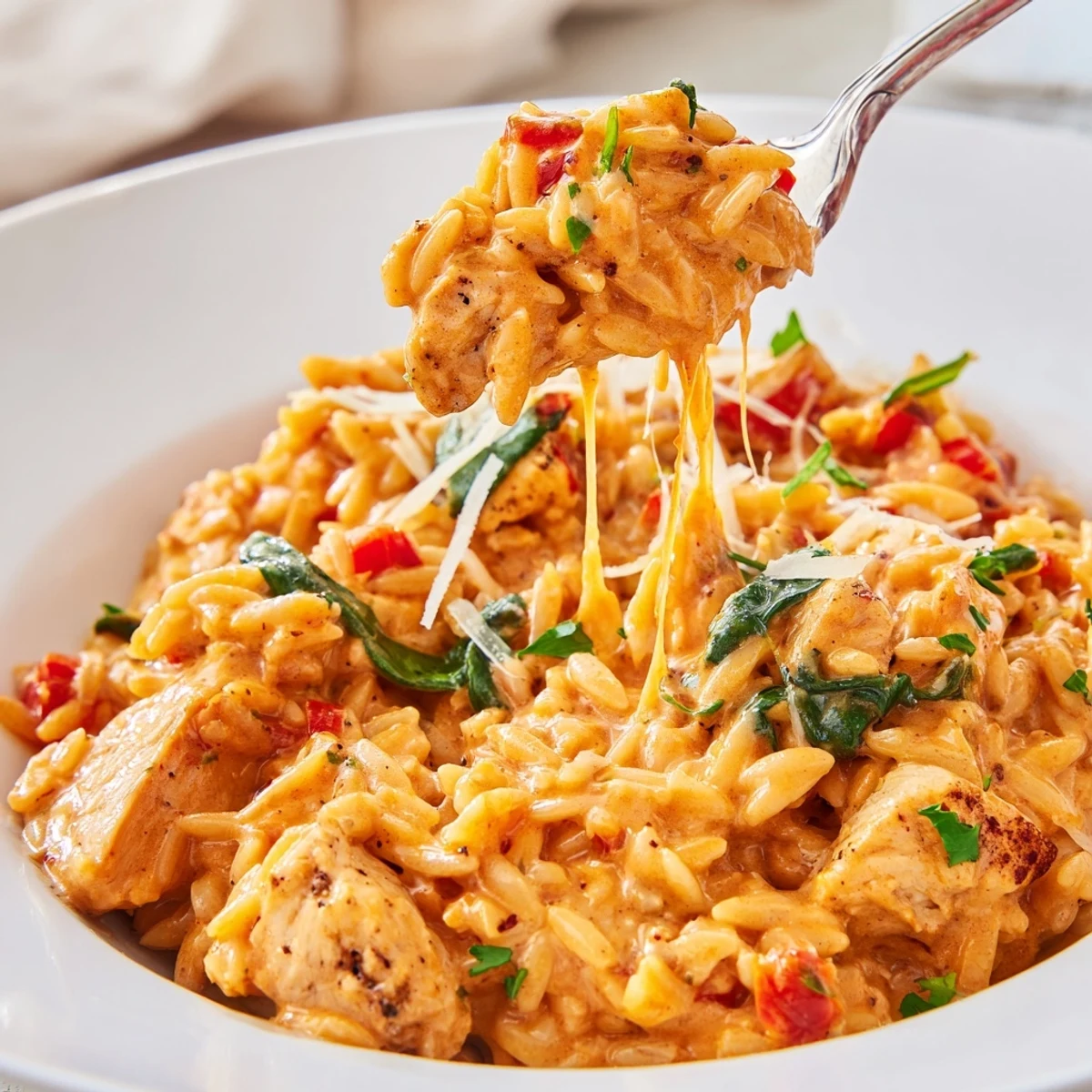 Steaming bowl of One Pot Cajun Chicken Alfredo Orzo with tender meat and melted Parmesan