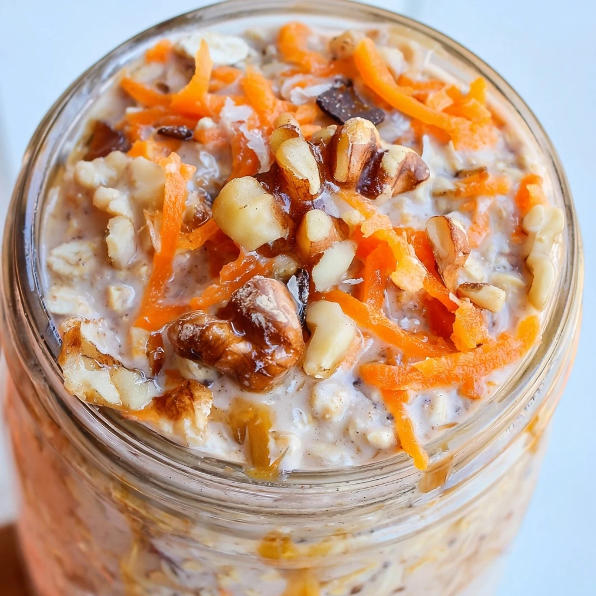 Creamy carrot cake overnight oats topped with walnuts raisins and grated carrots in a glass jar
