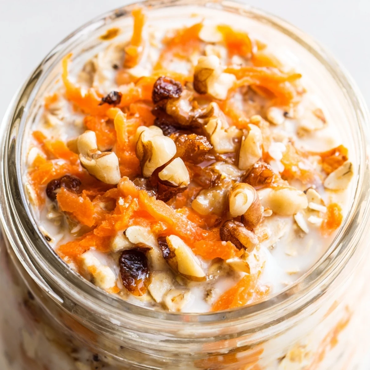 Thick spiced carrot cake overnight oats served chilled with a maple syrup drizzle and coconut