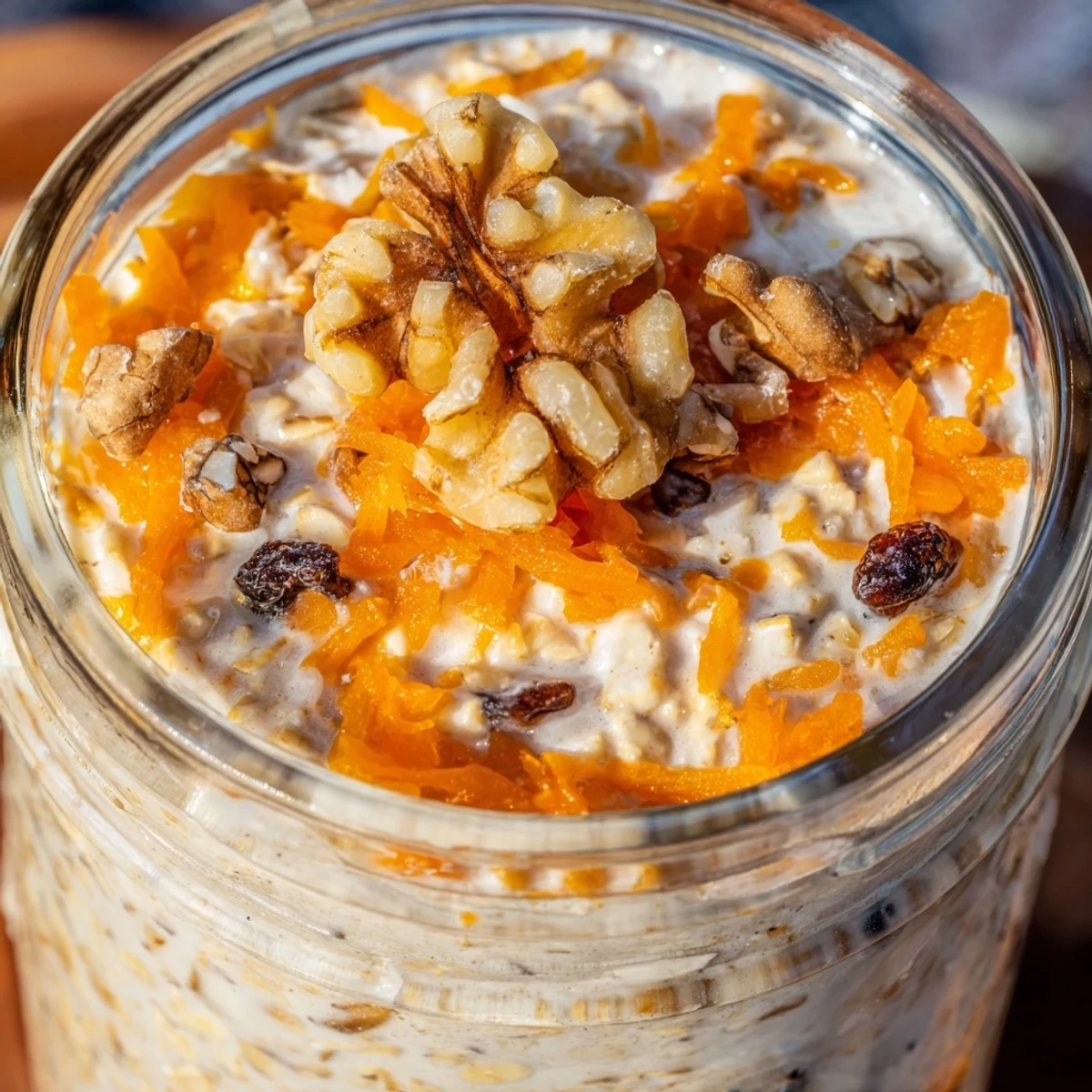 Layered carrot cake overnight oats in mason jars featuring cinnamon flecked creamy oats and crunchy pecans