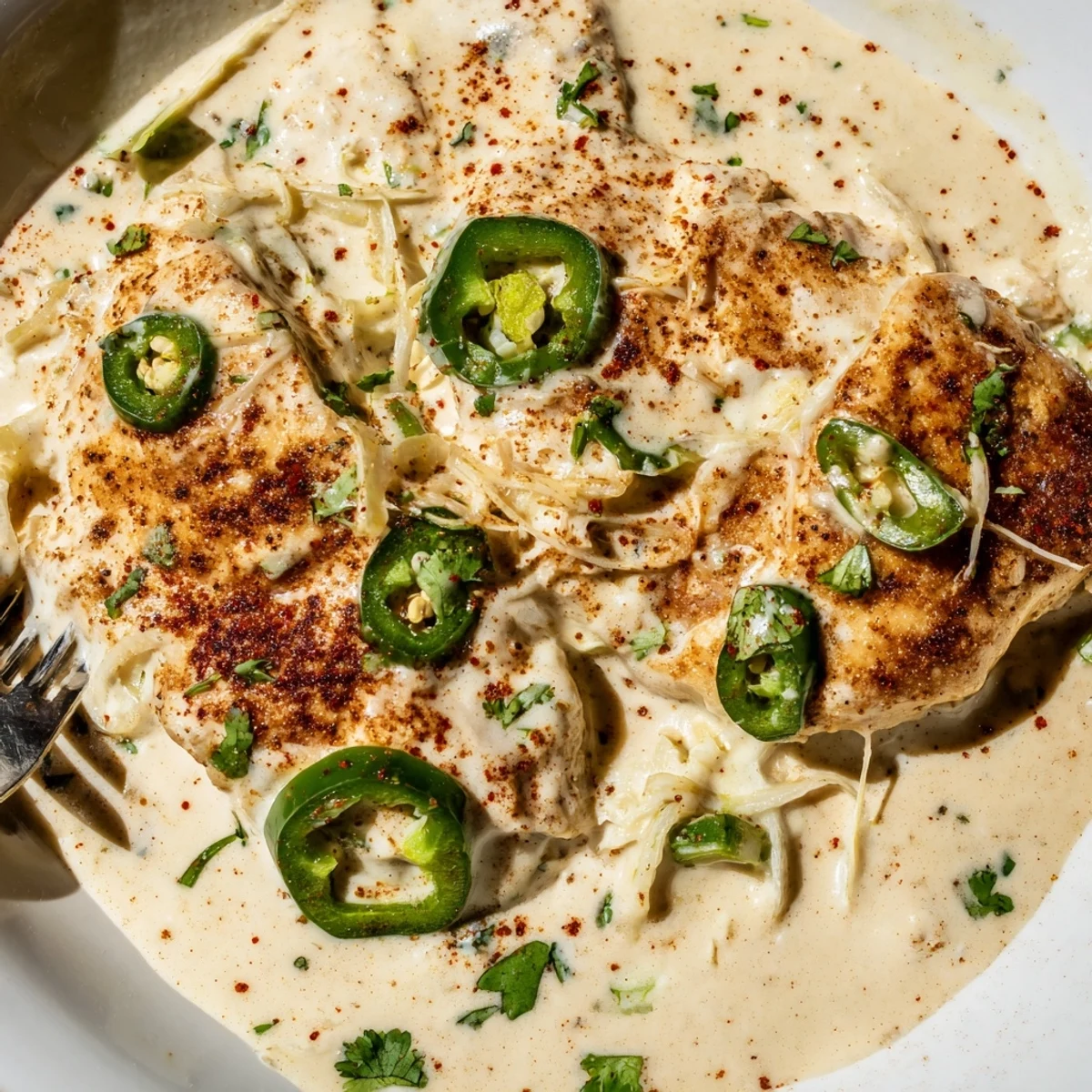Jalapeno chicken breasts topped with melted Monterey Jack and fresh cilantro garnish