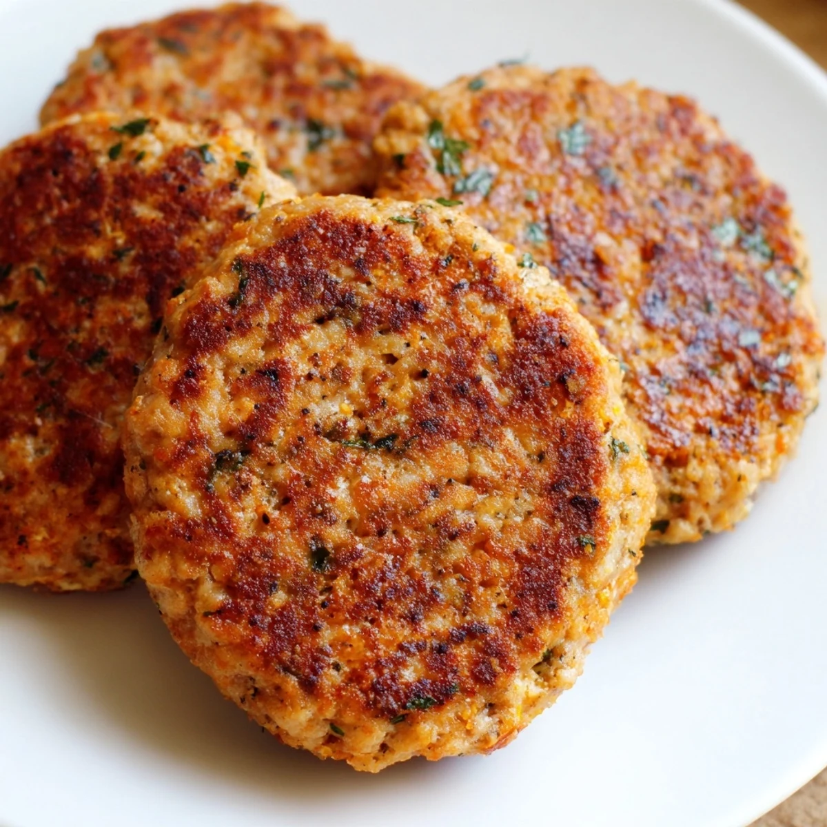 Golden brown ground turkey sausage patties sizzling in a cast iron skillet