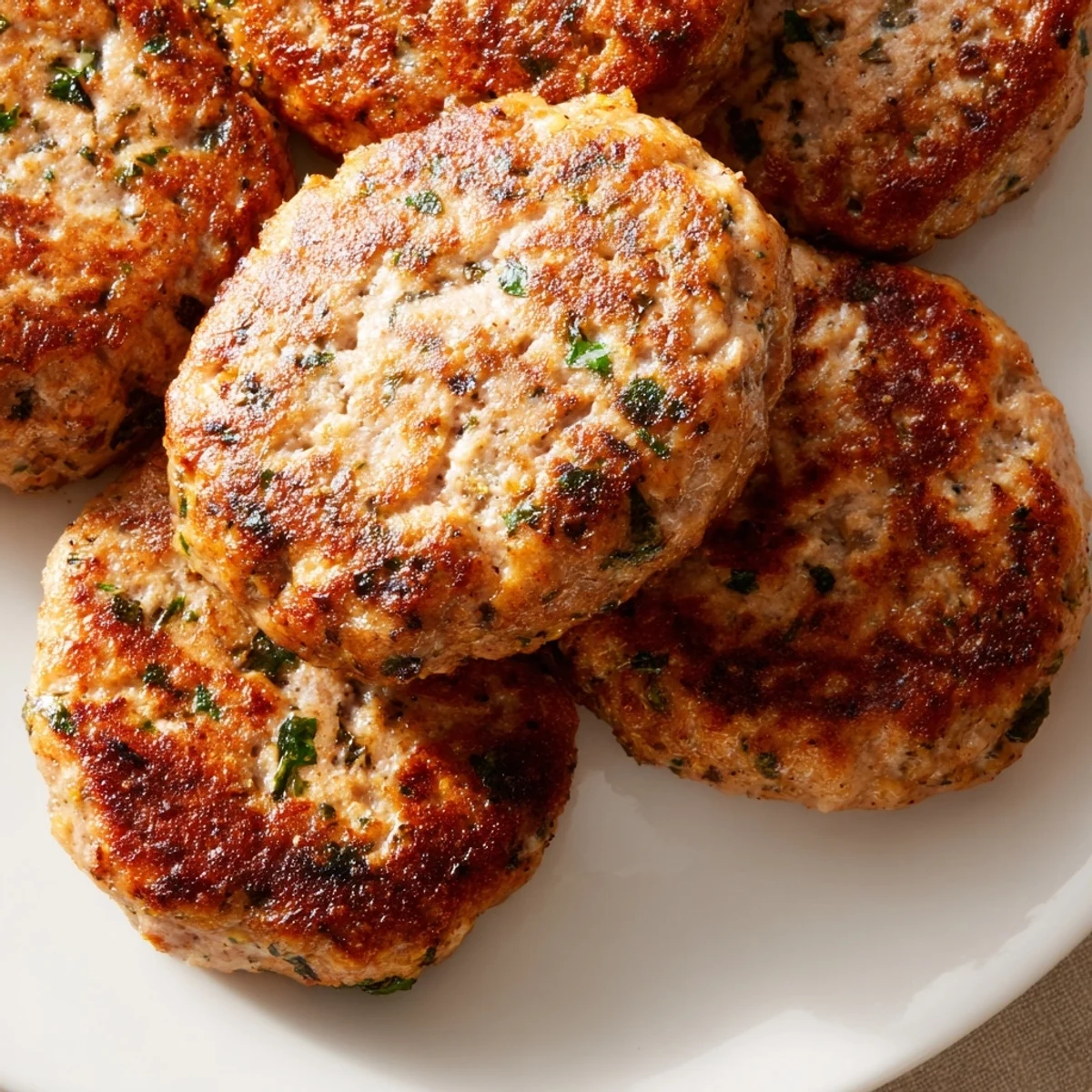 Homemade ground turkey sausage seasoned with sage and paprika on a breakfast plate