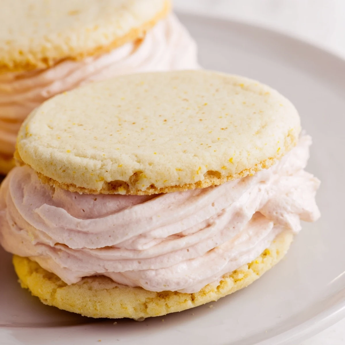Pastel sugar cookie sandwiches with creamy buttercream filling on a rustic wooden serving board