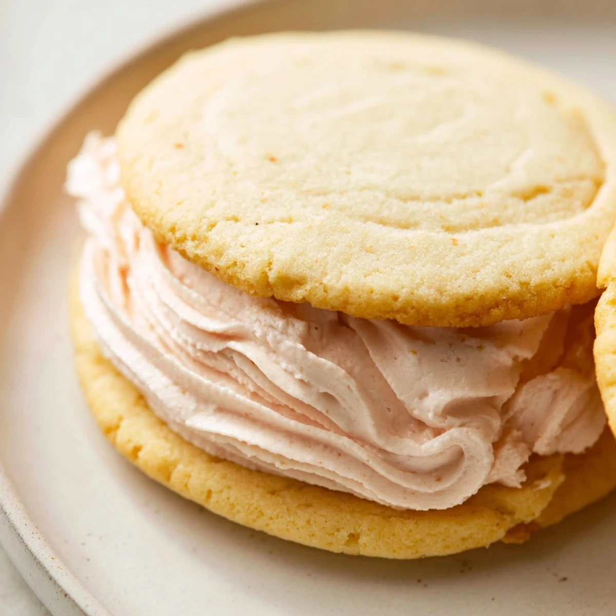 Soft pastel sugar cookie sandwiches stacked together showing swirls of pink and lavender frosting