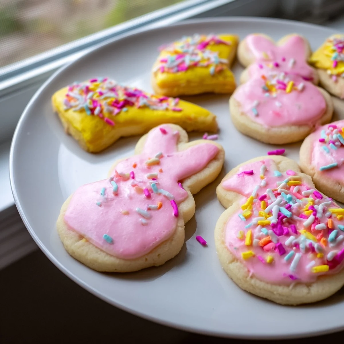 Soft Easter cookies with pastel royal icing and colorful sprinkles on a rustic serving board