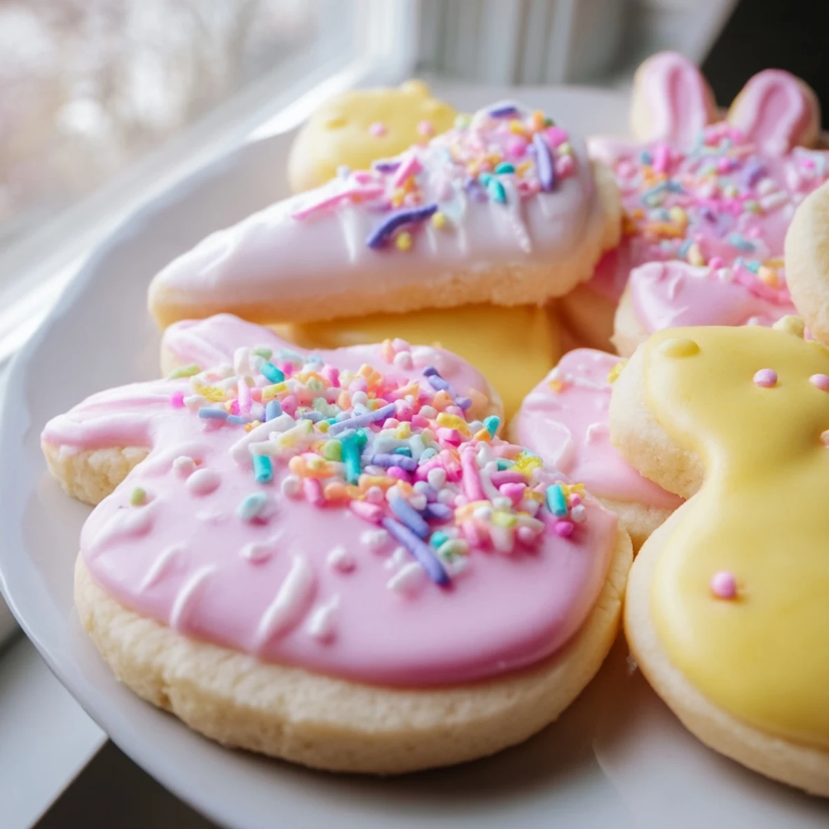 Golden buttery Easter cookies cut into egg and bunny shapes, fresh from the oven