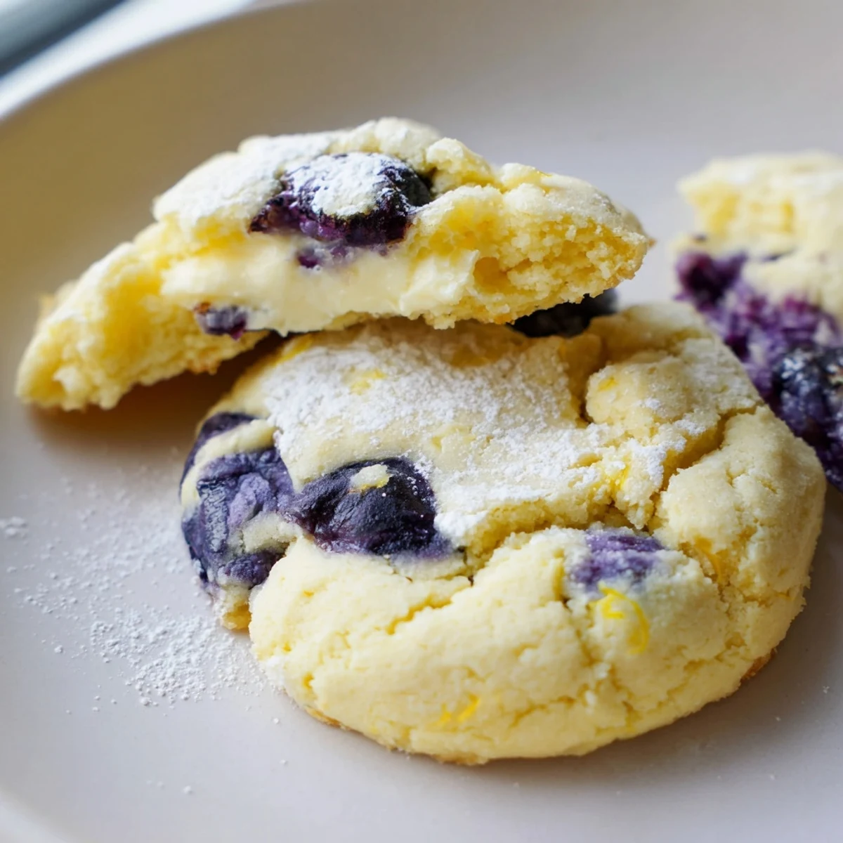 Soft lemon blueberry cheesecake cookies with golden edges and creamy centers on rustic bakeware