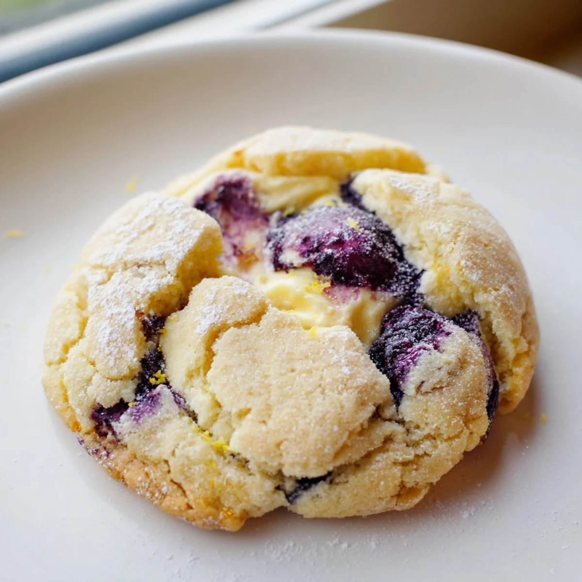 Chewy lemon blueberry cheesecake cookies studded with purple berries and dusted with powdered sugar