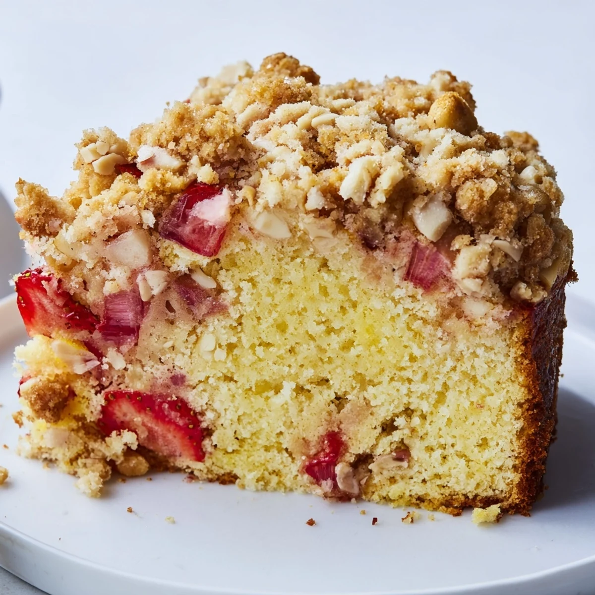 Golden lemon rhubarb strawberry cake with crunchy almond streusel topping fresh from oven
