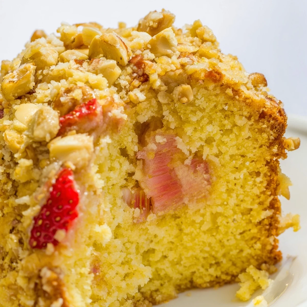 Tender lemon cake layered with juicy strawberries, tangy rhubarb, and buttery almond crumble