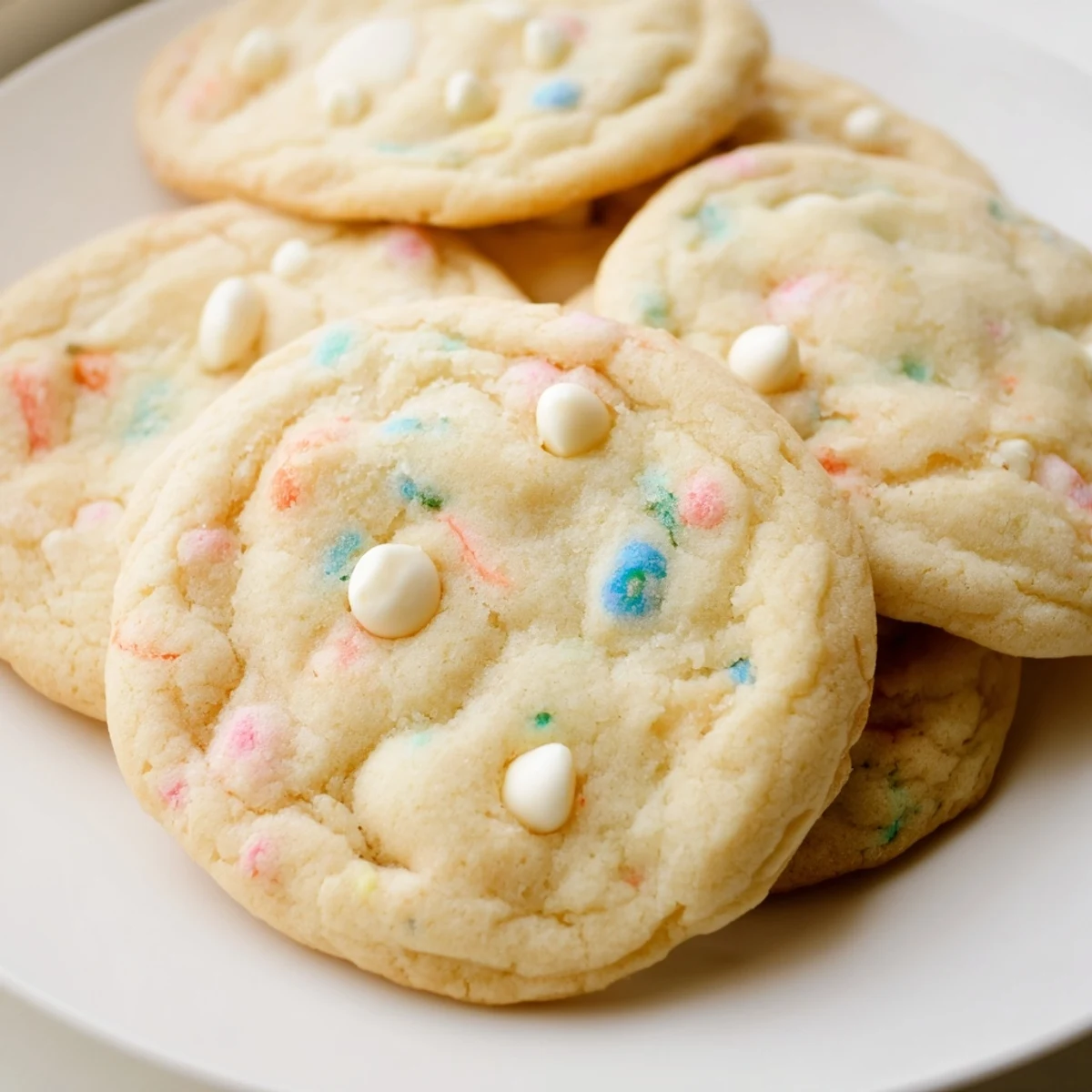 Soft pastel white chocolate cookies with creamy chips and colorful sprinkles on a rustic baking sheet