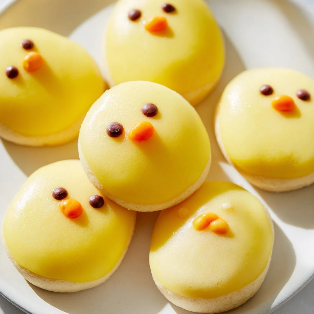 Adorable chick cookies with bright yellow frosting and candy beaks arranged on a rustic baking sheet