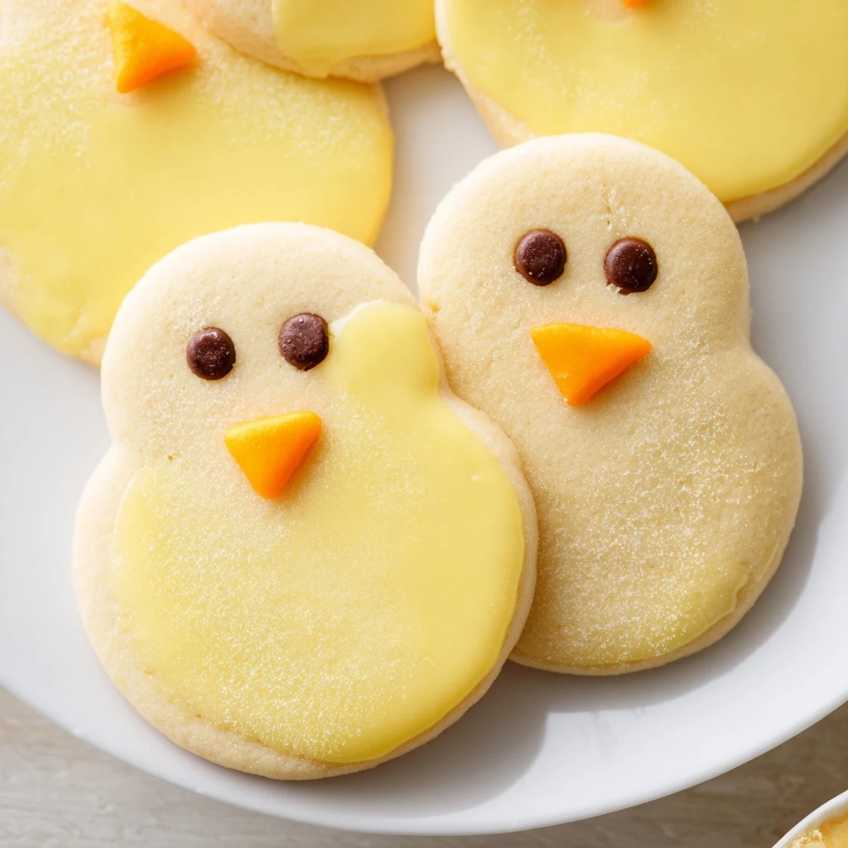 Buttery chick cookies decorated with chocolate chip eyes on a white ceramic serving platter