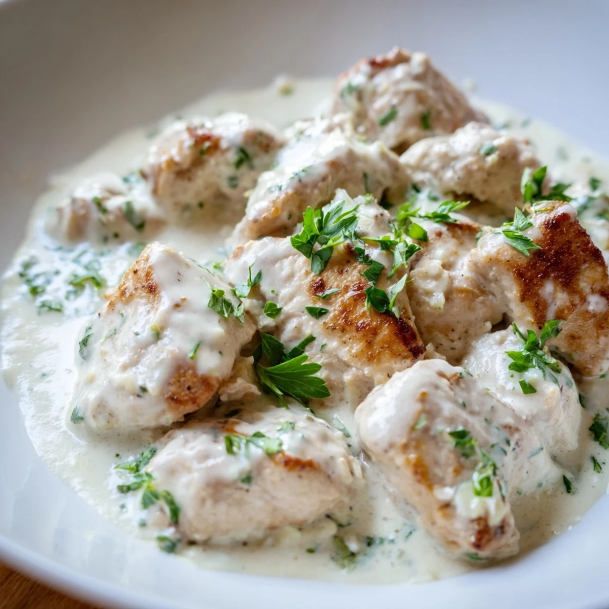Creamy garlic chicken in golden skillet with rich white Parmesan sauce and fresh parsley garnish