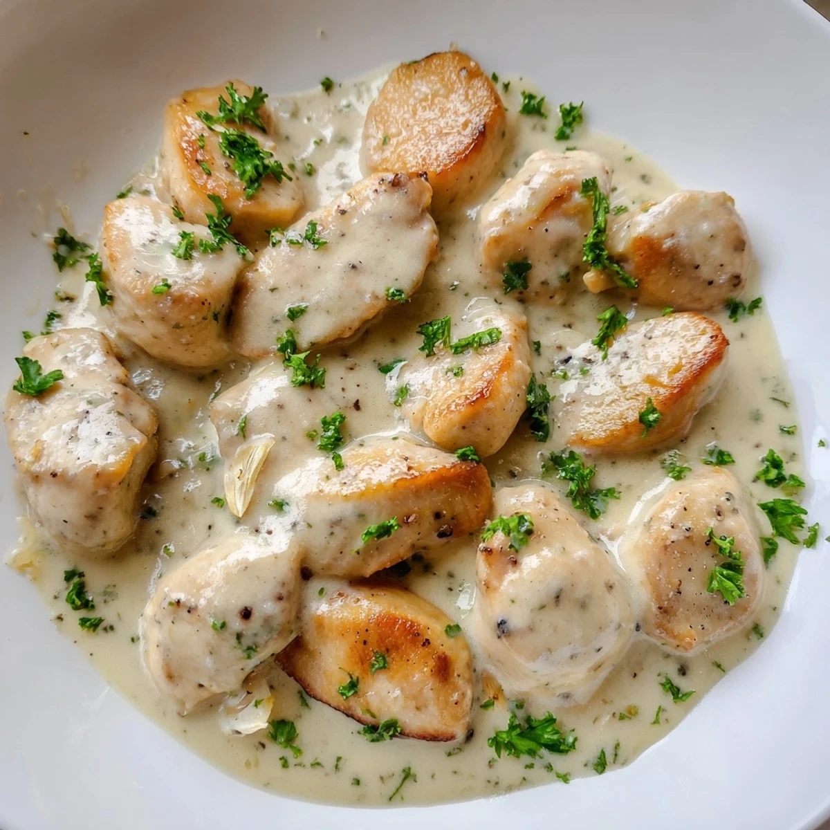 Tender creamy garlic chicken breasts smothered in velvety garlic Parmesan sauce on white dinner plate