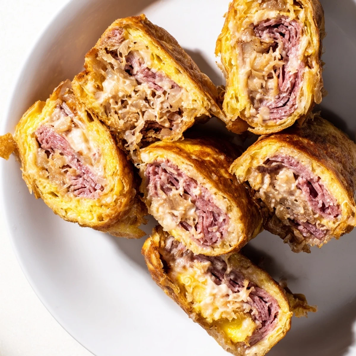 Golden low carb Reuben egg roll ups filled with corned beef and melted Swiss cheese