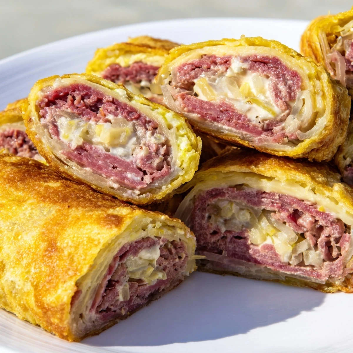 Tender egg-wrapped low carb Reuben egg roll ups with tangy sauerkraut and creamy dressing
