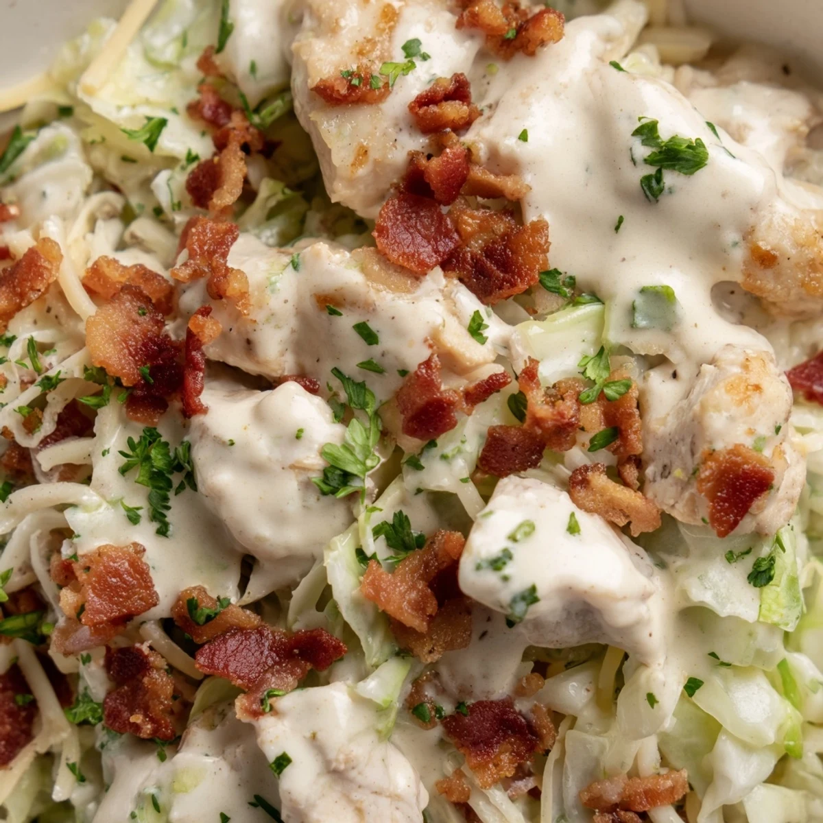 Creamy chicken bacon ranch cabbage bowls topped with crispy bacon and fresh parsley garnish