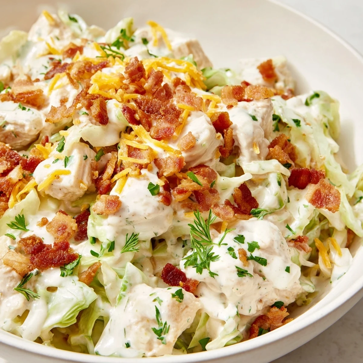 Tender chicken and crunchy cabbage coated in tangy ranch sauce in a white bowl