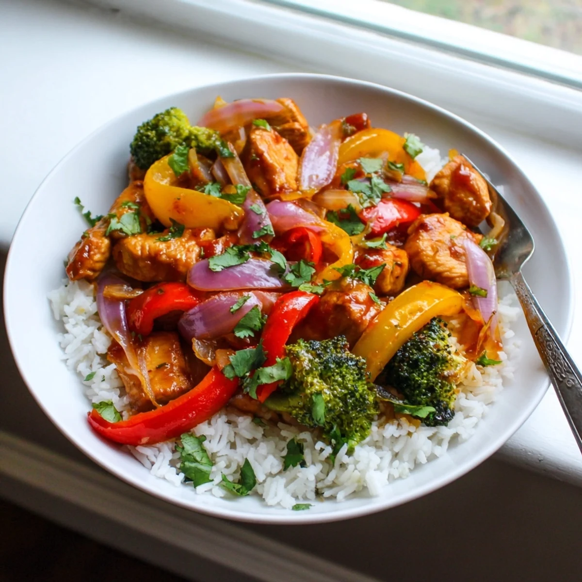 Colorful chicken and vegetable stir-fry served over fluffy steamed white rice