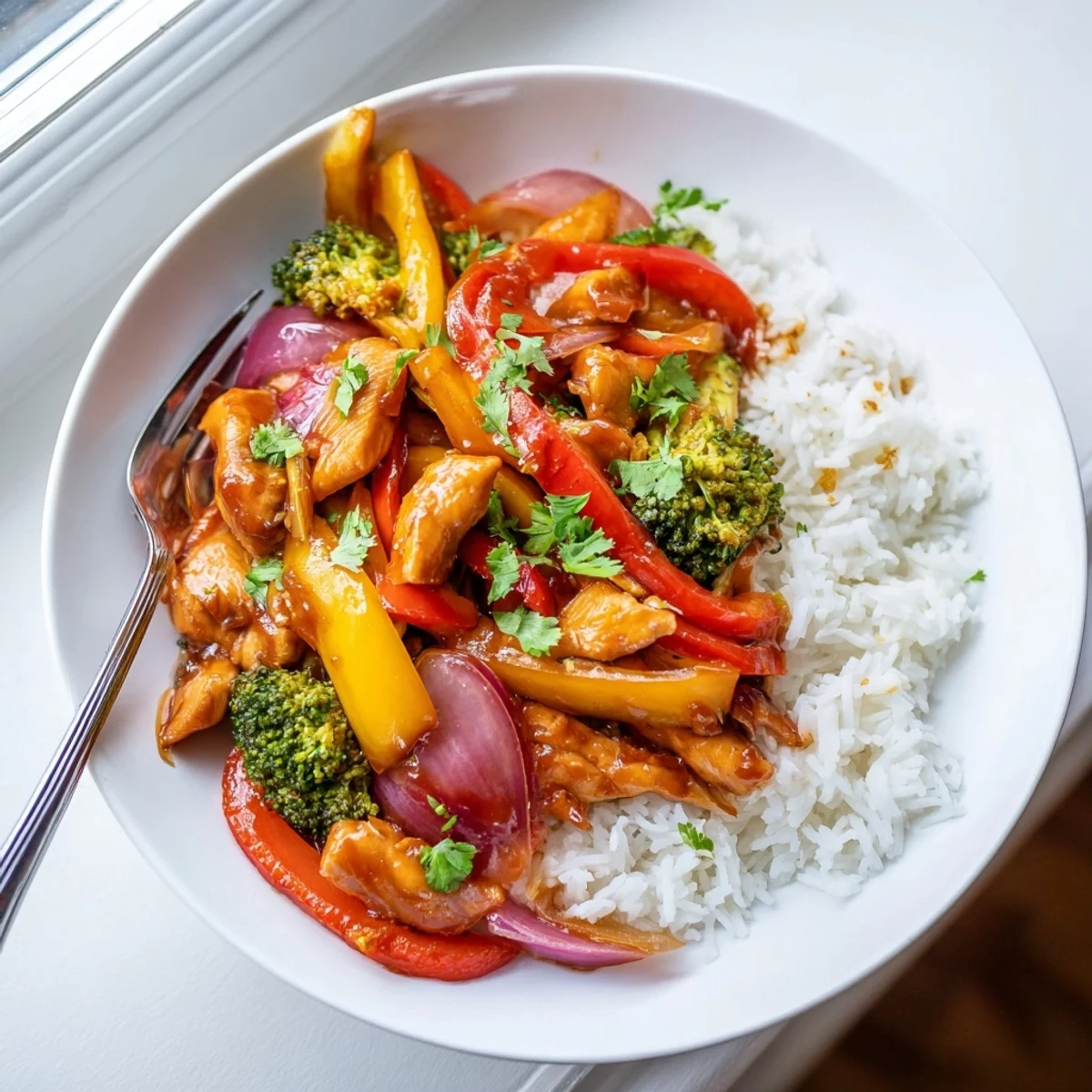 Quick weeknight meal featuring tender chicken and crisp colorful vegetables in sauce