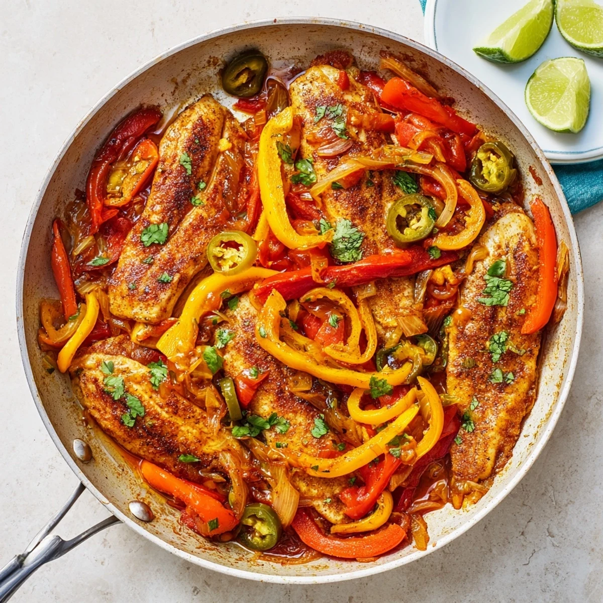 Spicy roasted pepper tilapia skillet simmering with vibrant red and yellow peppers in smoky tomato sauce
