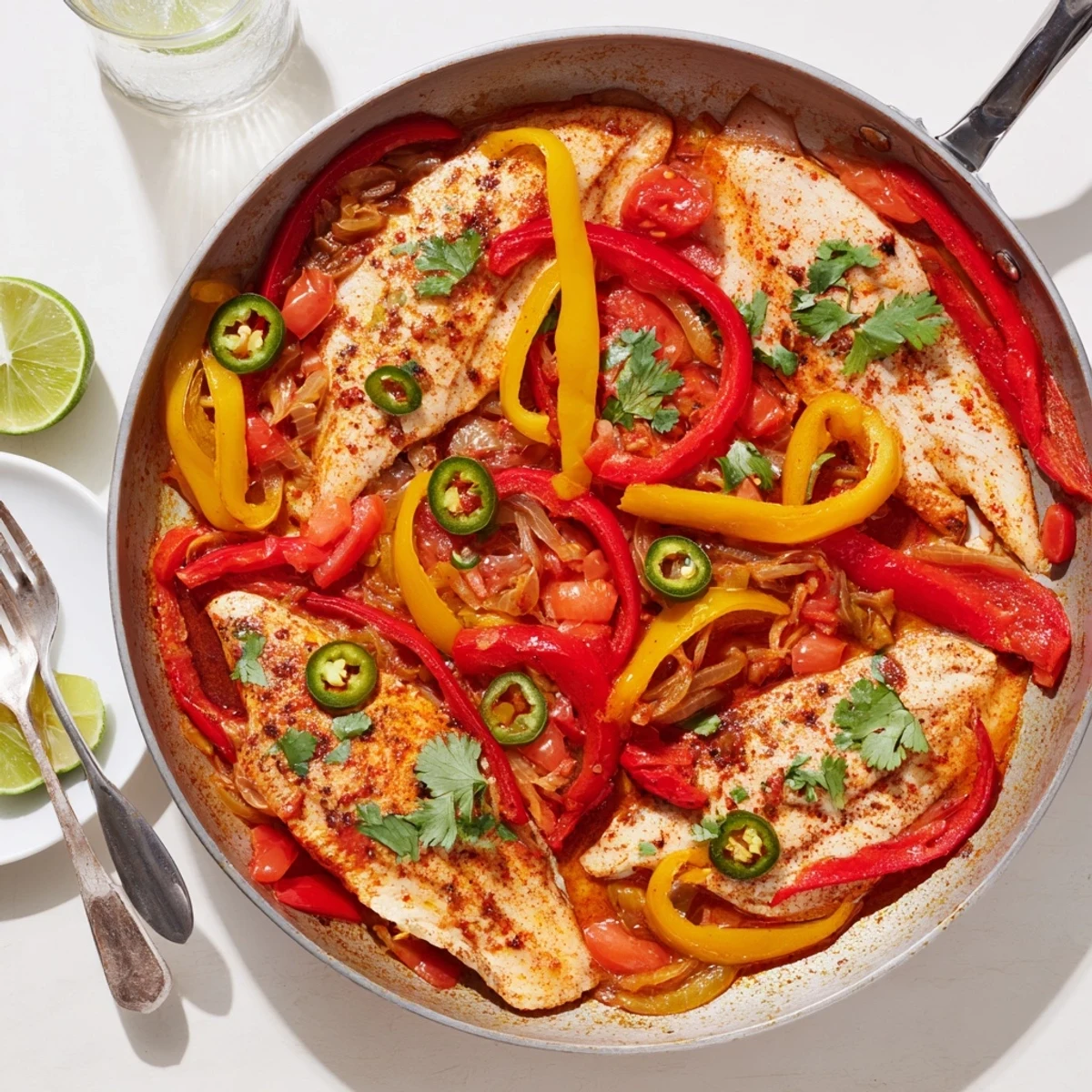 Golden seared tilapia fillets nestled among tender roasted peppers and zesty lime cilantro garnish
