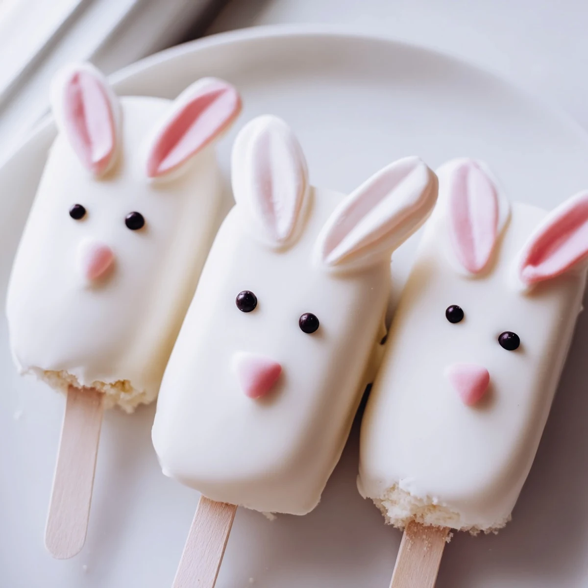 Creamy white chocolate bunny cakesicles decorated with pink ears and colorful spring sprinkles
